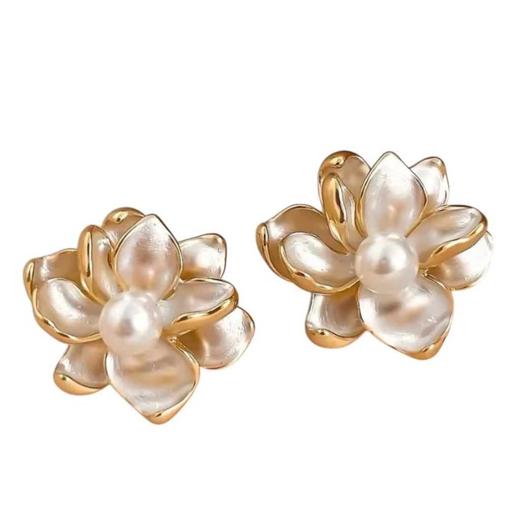 Gold & White Large Floral Pearl Earrings